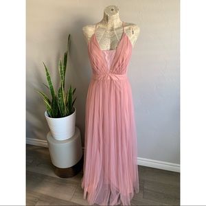Long blush pleated tulle dress